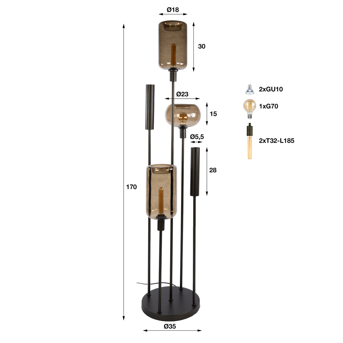 Vloerlamp Serene switch getrapt 2+3L