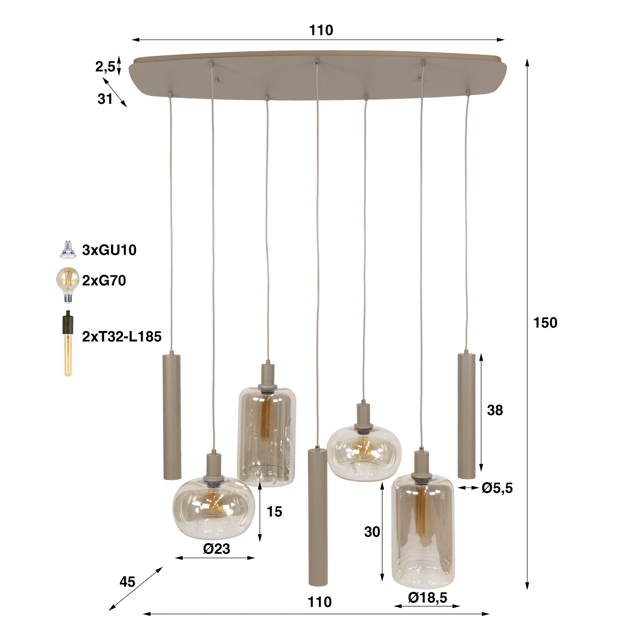 Hanglamp Serene 4+3L - Beige - Amberglas - Met Spots - foto 9