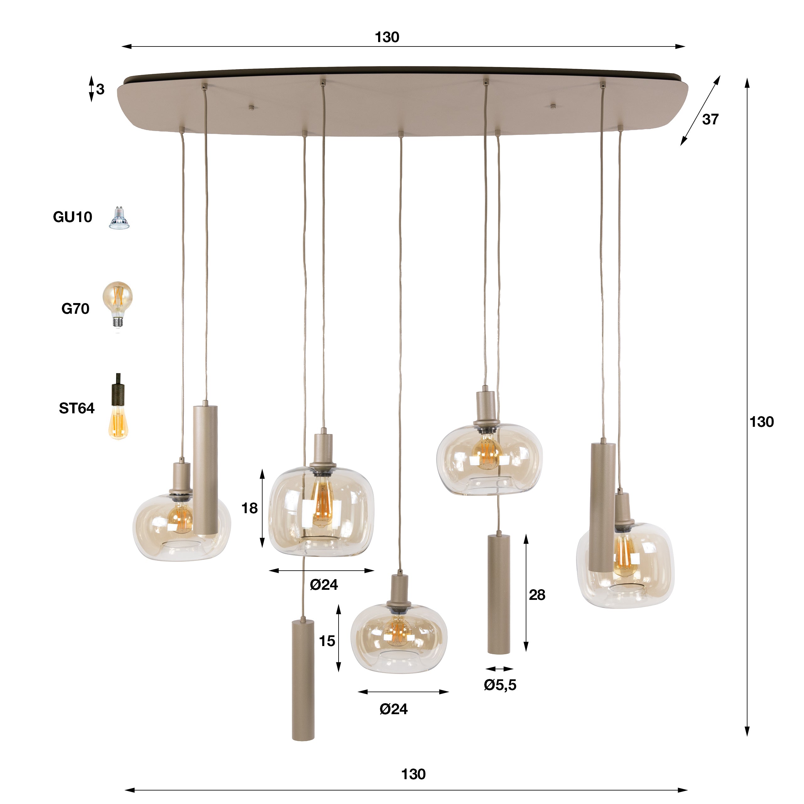 Hanglamp Serene 5+4L - Beige - Amberglas - Met Spots