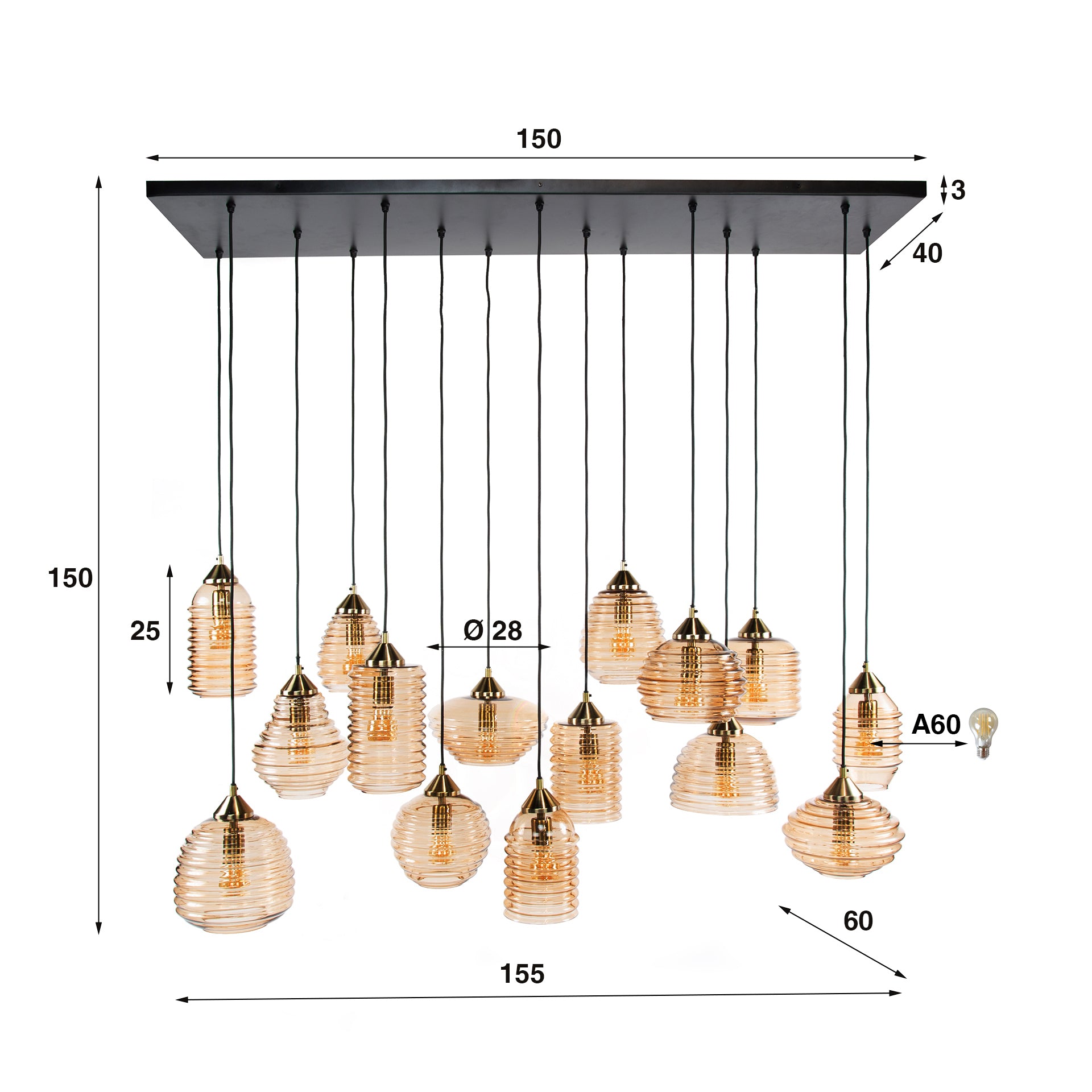 Hanglamp Rib Glass 5+5+5L