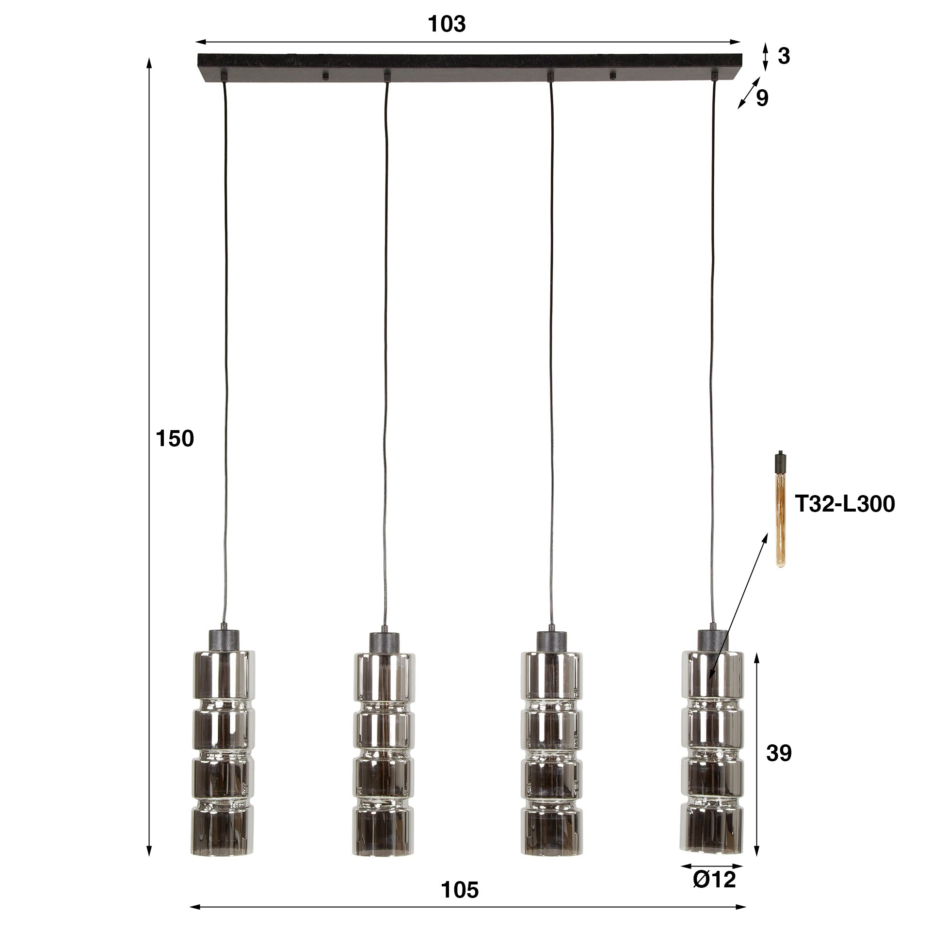 Hanglamp Cylinder Glass 4L