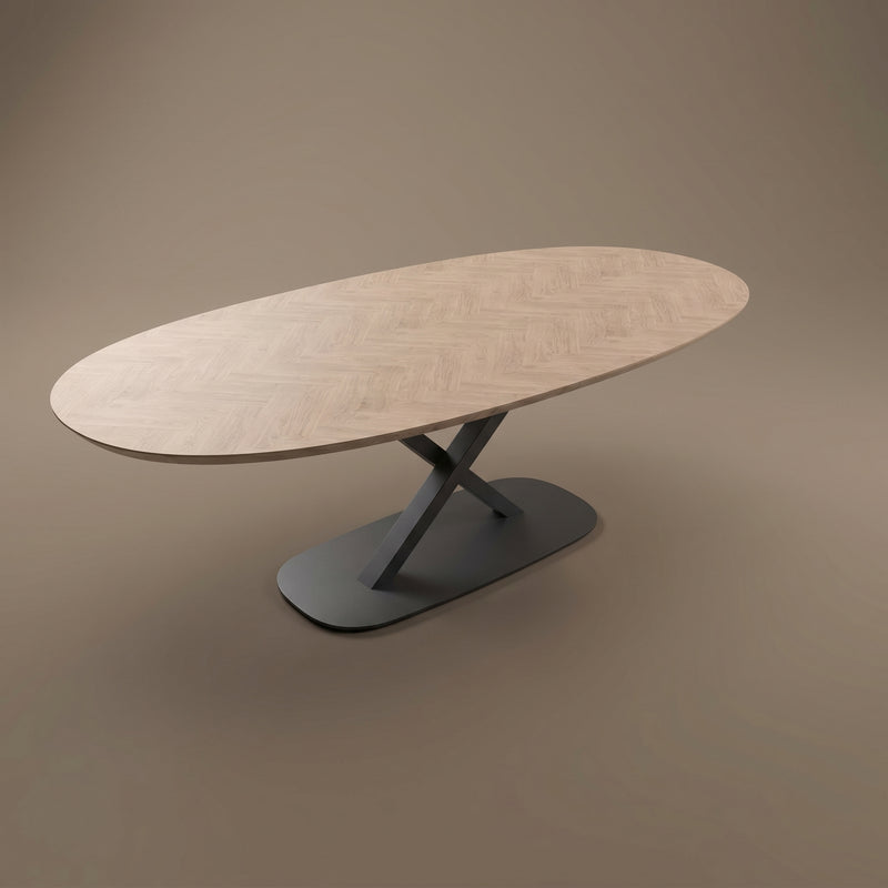 Eiken visgraat eettafel - Deens Rond - V onderstel | Industrial Home