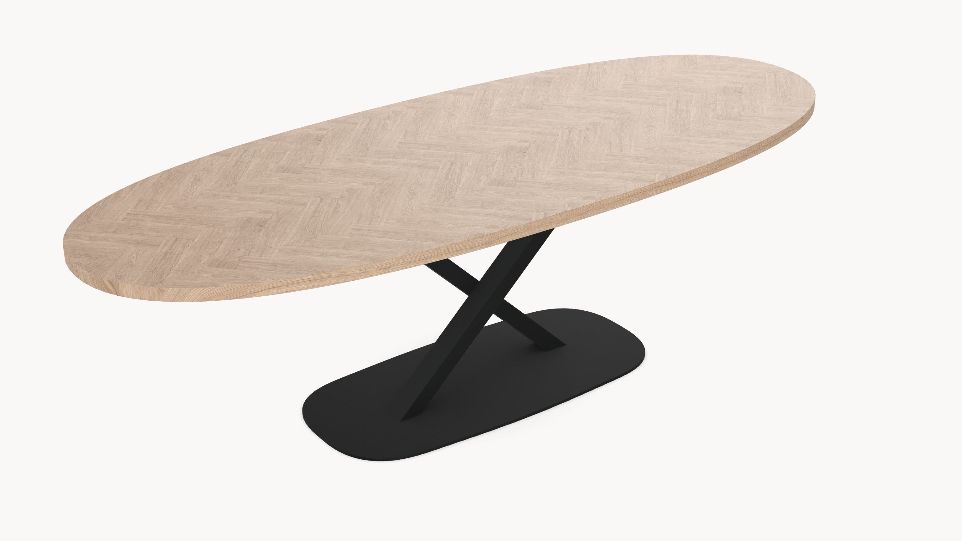 Eiken visgraat tafel - Deens Rond - V onderstel - Industrial Home