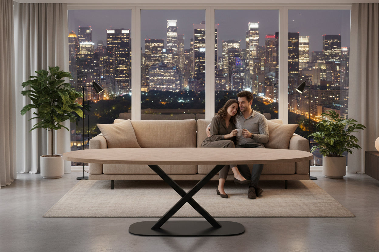 Eiken visgraat tafel - Deens Rond - V onderstel sfeerbeeld 3 - Industrial Home