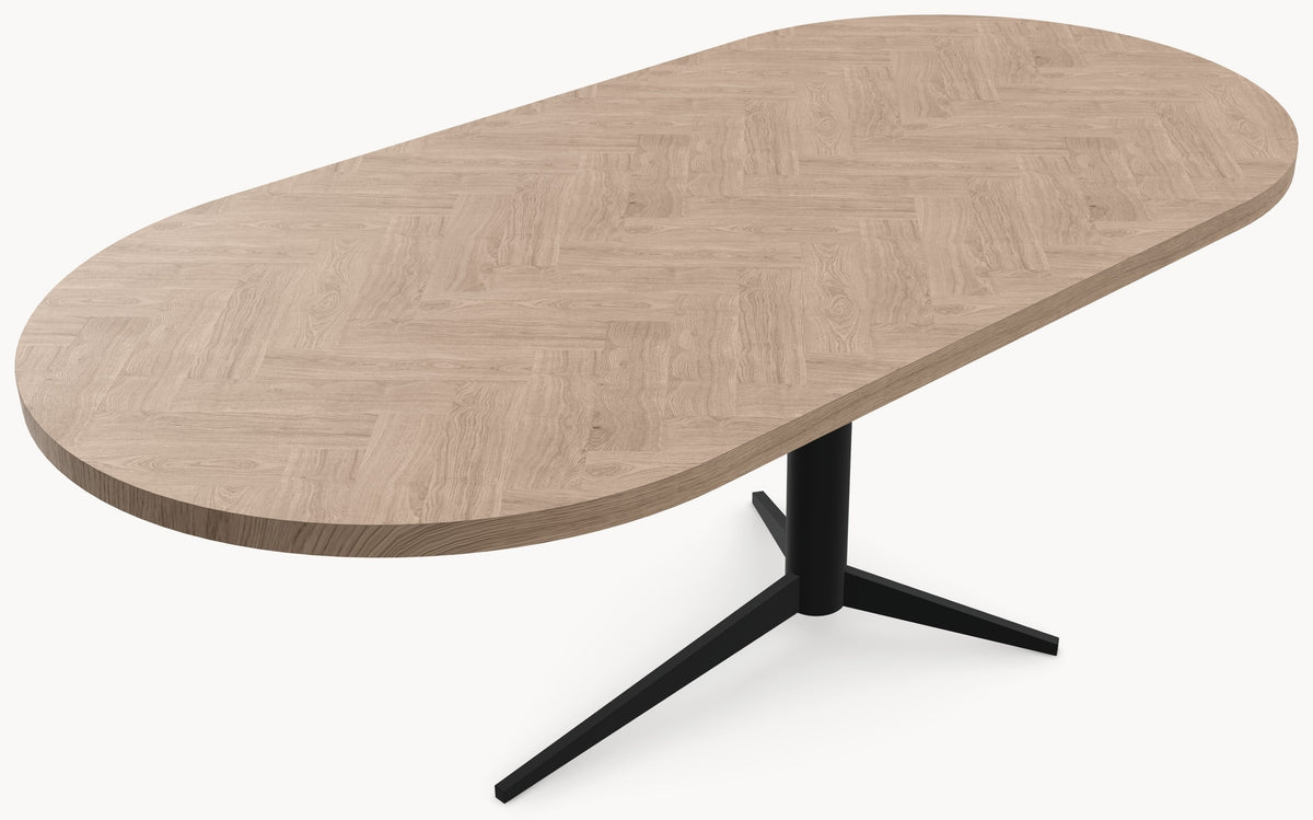 Visgraat eiken eettafel - Plat Ovaal - Trios Metaal - Industrial Home