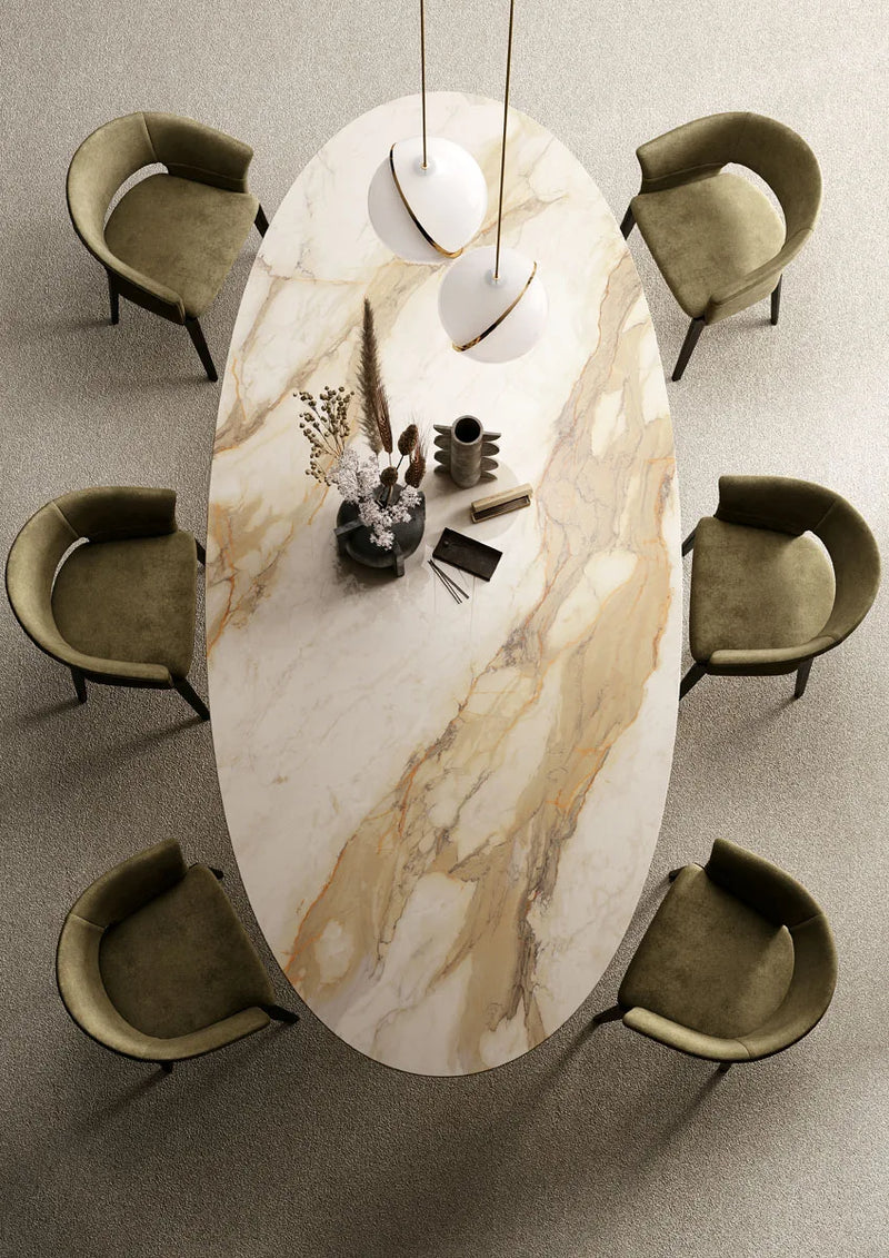 Keramische tafel Calacatta Hermitage - Deens Rond - Half Moon Eiken sfeerbeeld 2 - Industrial Home