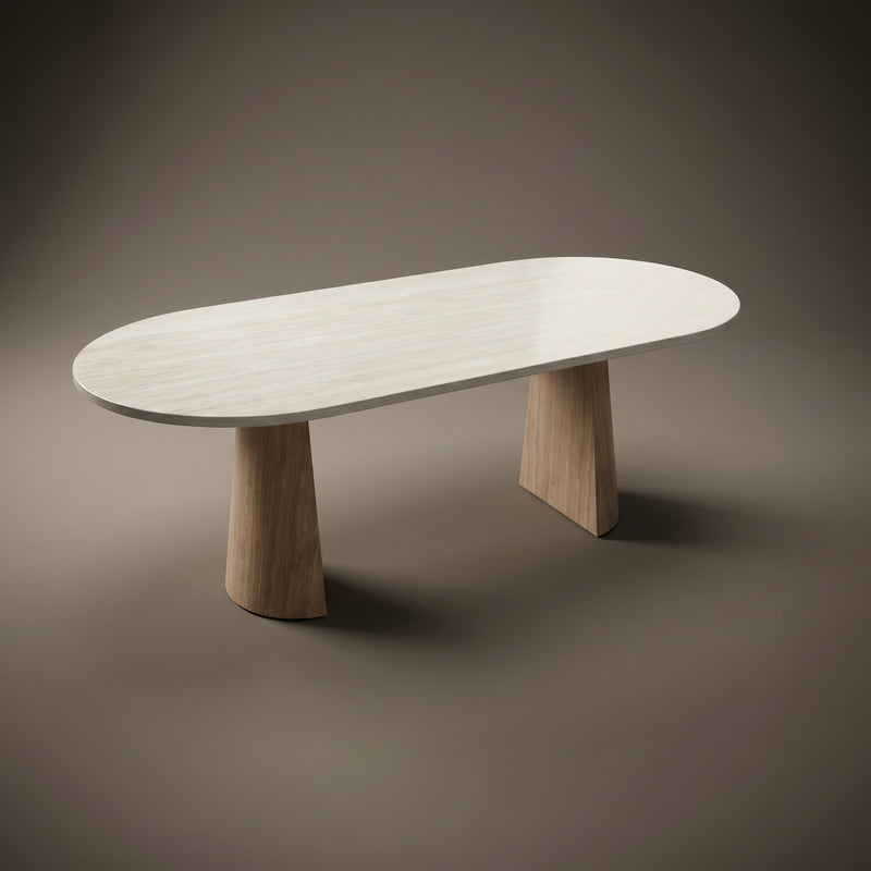 Melamine eettafel Soft Moon Grey - Plat-Ovaal - Half cone eiken onderstel - Japandi | Industrial Home