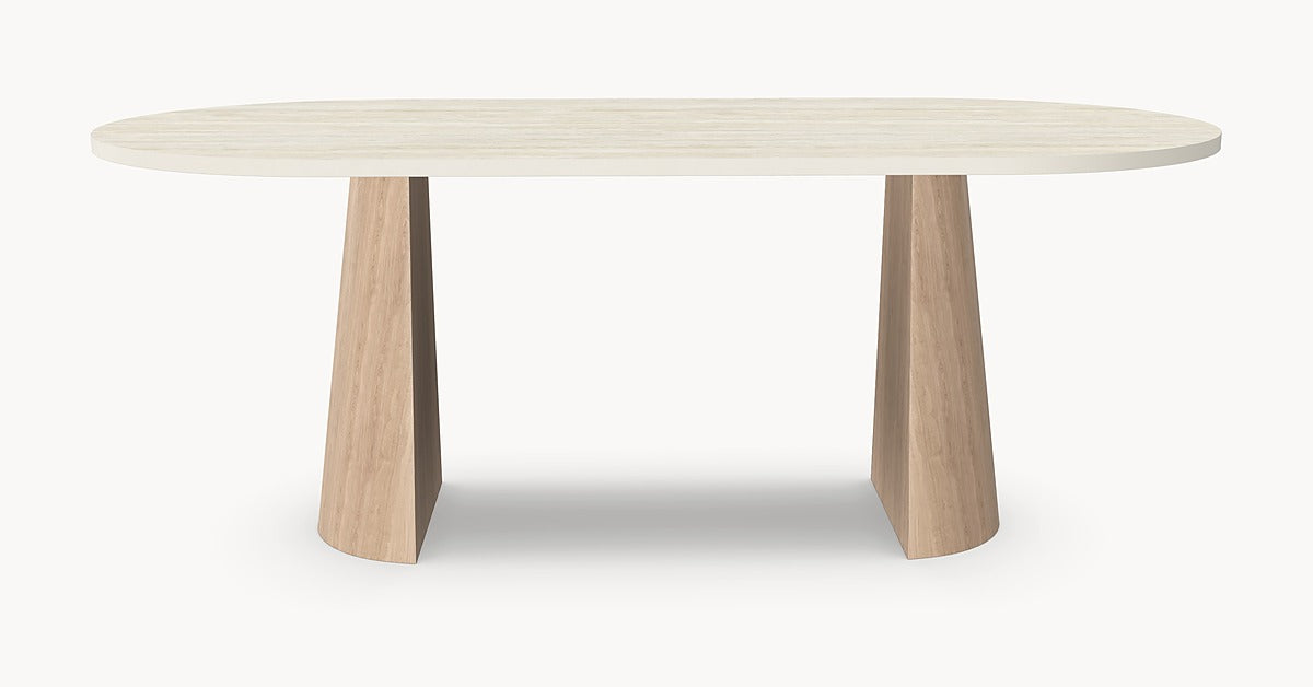 Melamine eettafel Soft Moon Grey - Plat-Ovaal - Half cone eiken onderstel - Japandi