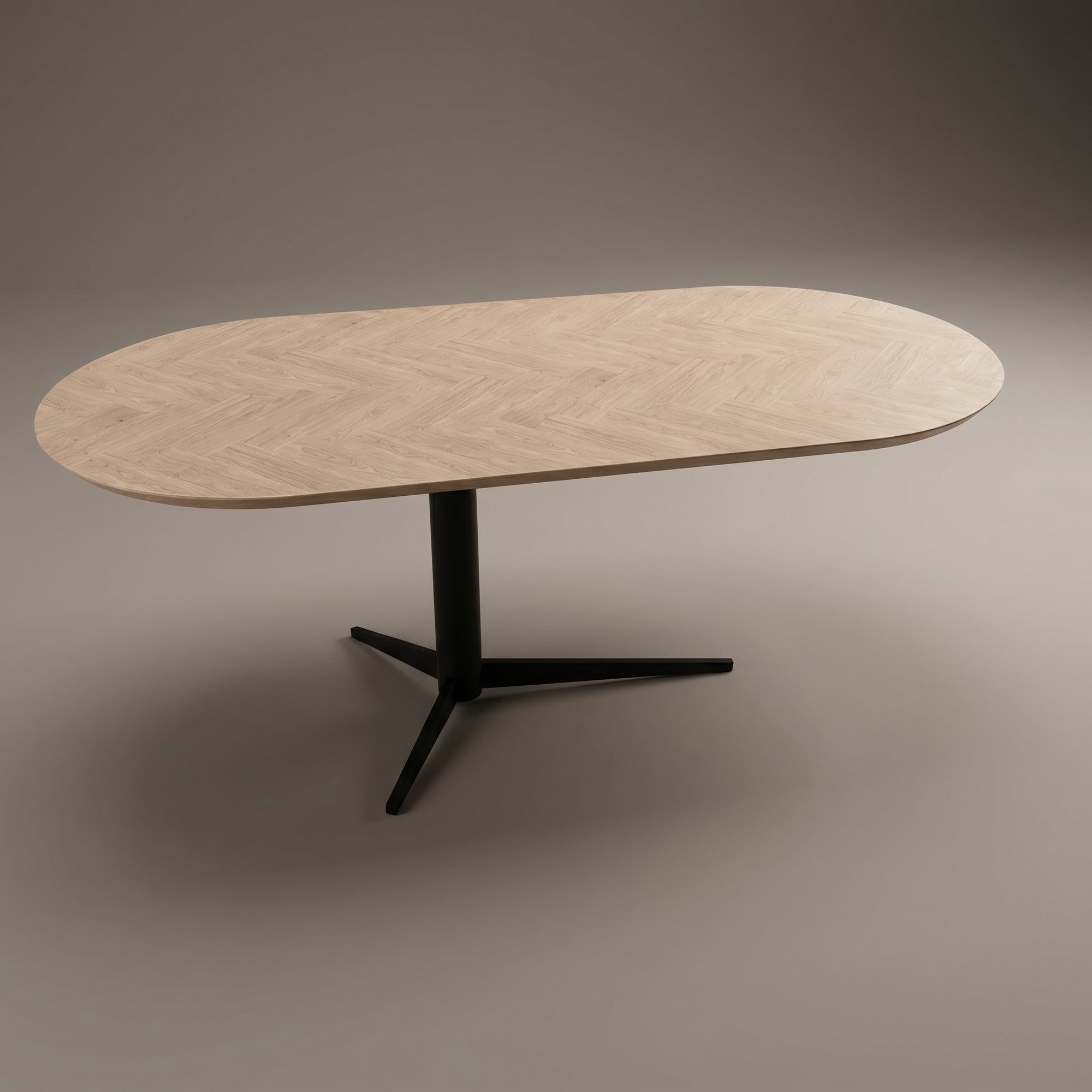 Visgraat eiken eettafel - Plat Ovaal - Trios Metaal | Industrial Home