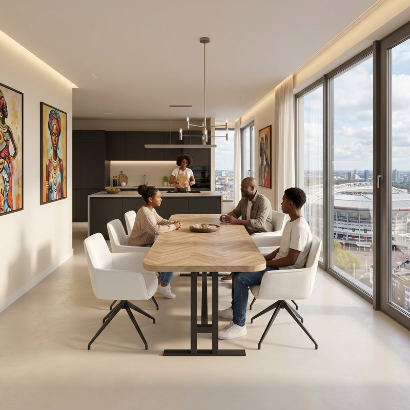 Visgraat eiken eettafel - Recht Radius - K onderstel metaal | Industrial Home