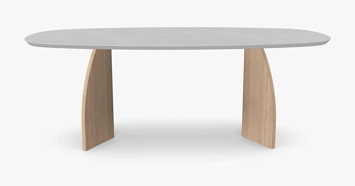 Melamine eettafel Light Concrete - Deens Recht - V eiken onderstel - Japandi