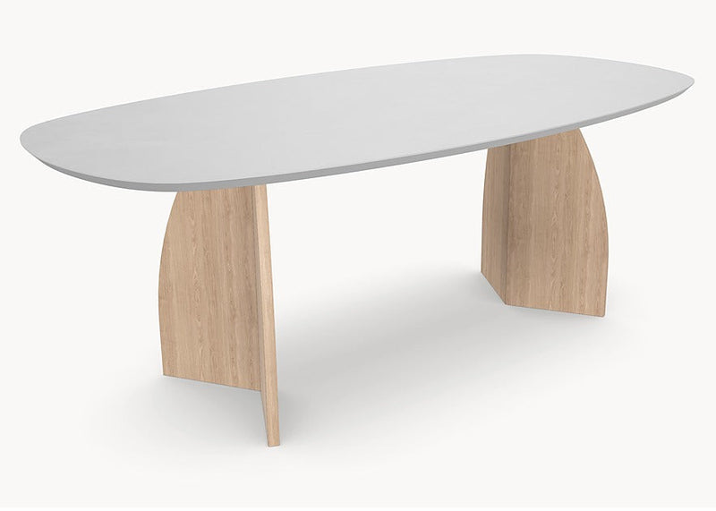 Melamine eettafel Light Concrete - Deens Recht - V eiken onderstel - Japandi — afbeelding 2 | Industrial Home