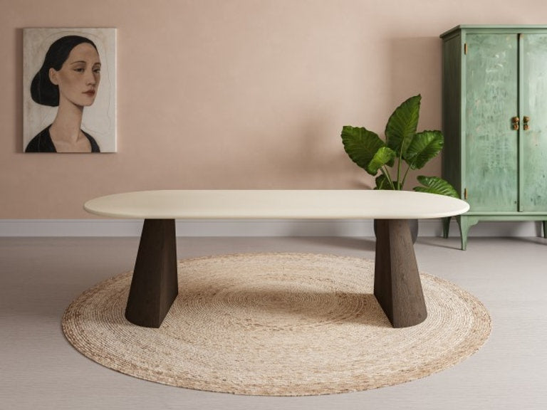 HPL eettafel Seashell - Plat Ovaal - 2 Halfcones eiken - Japandi