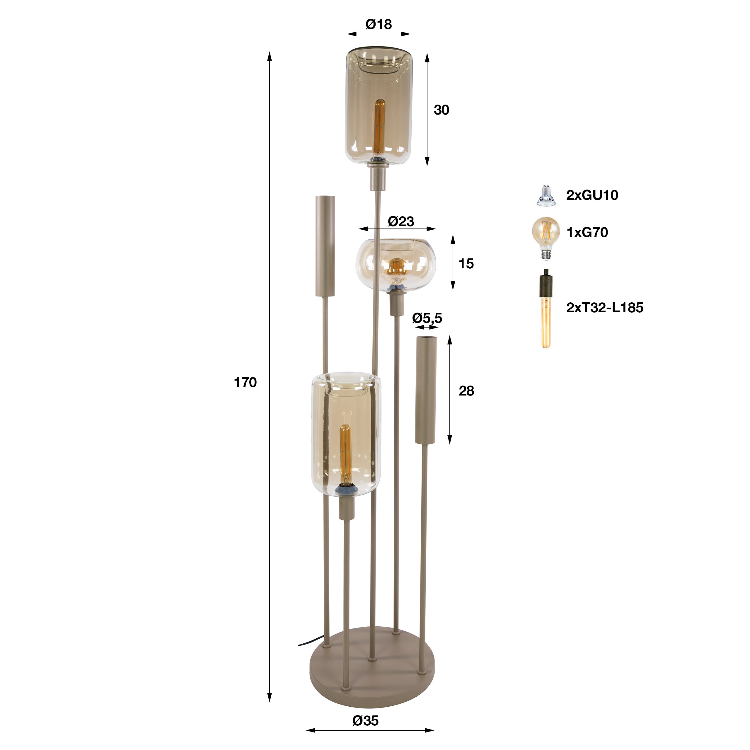 Vloerlamp Serene switch getrapt 2+3L