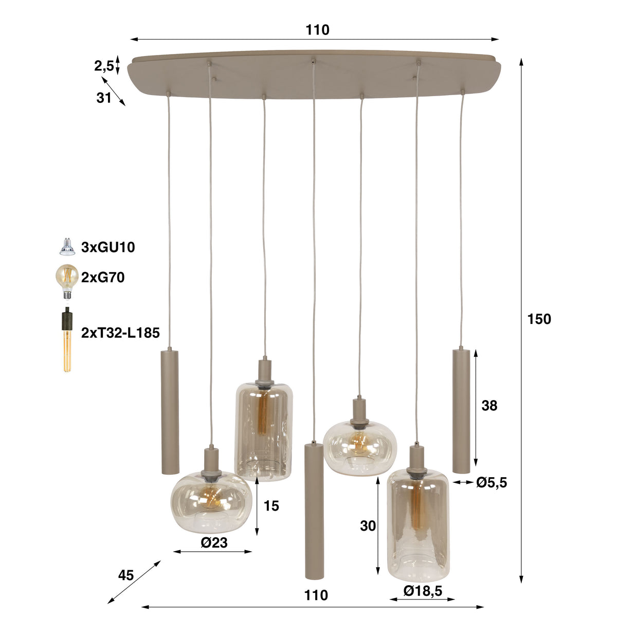 Hanglamp Serene 4+3L - Beige - Amberglas - Met Spots - foto 9