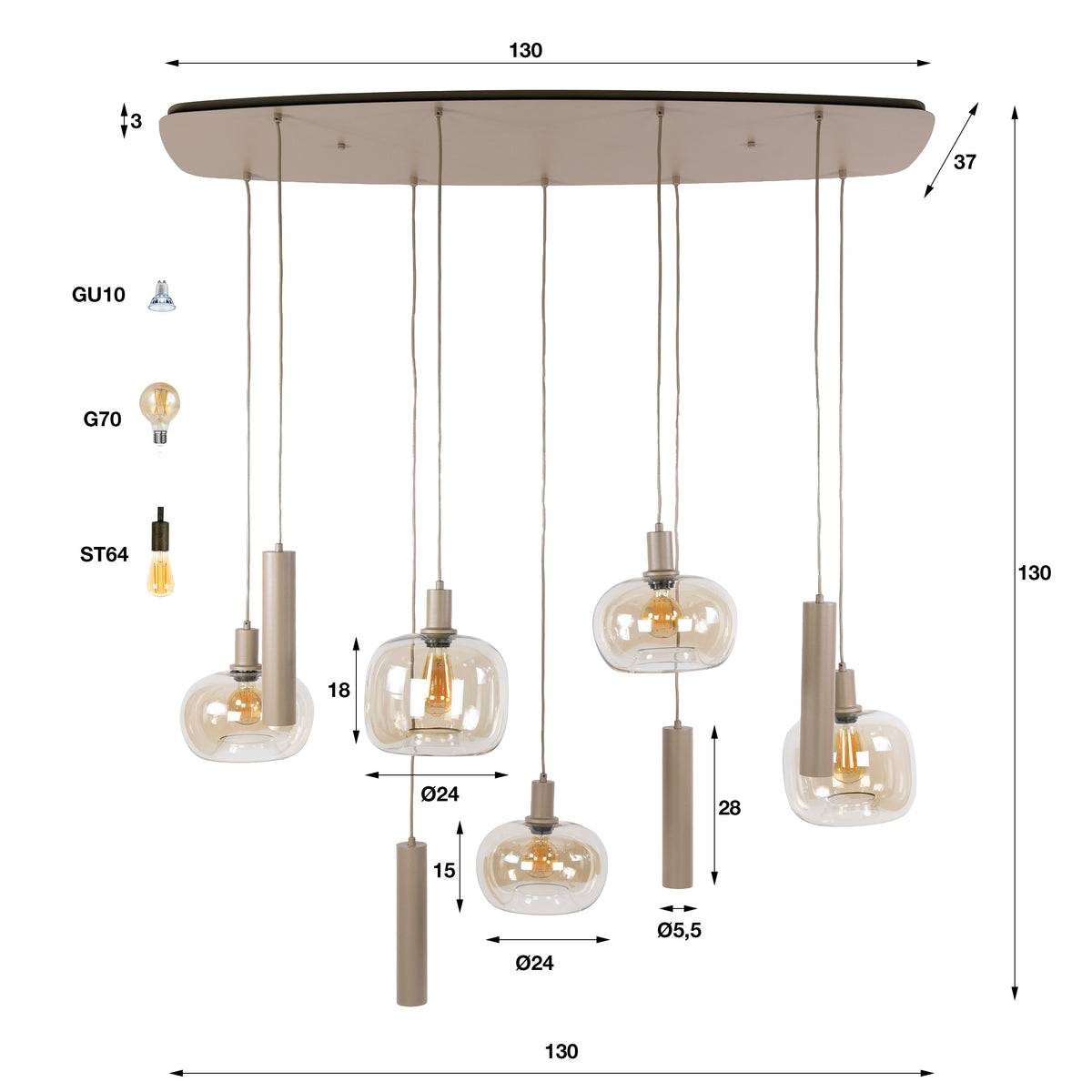 Hanglamp Serene 5+4L - Beige - Amberglas - Met Spots - foto 5
