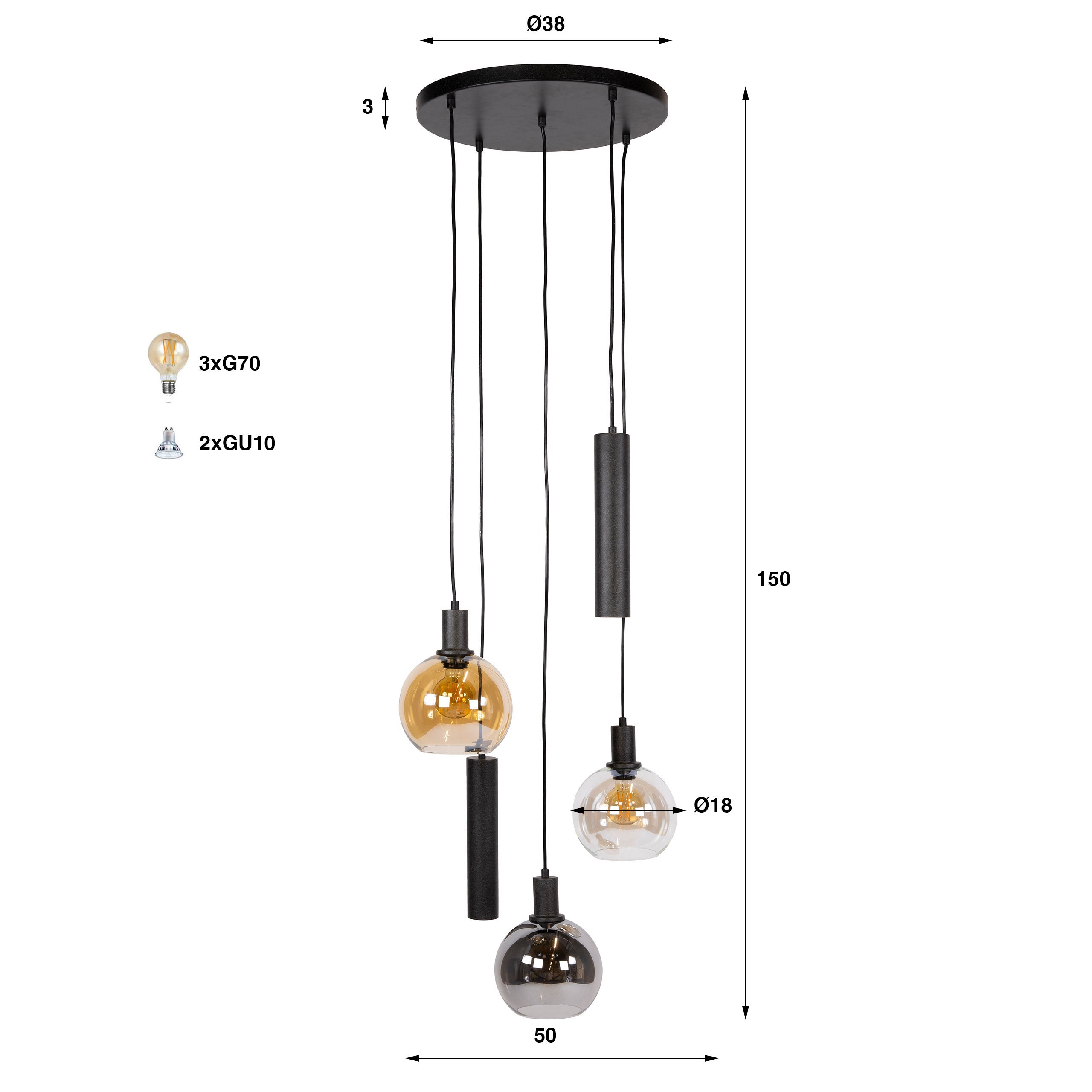 Hanglamp Sfera Tricolore getrapt 5L