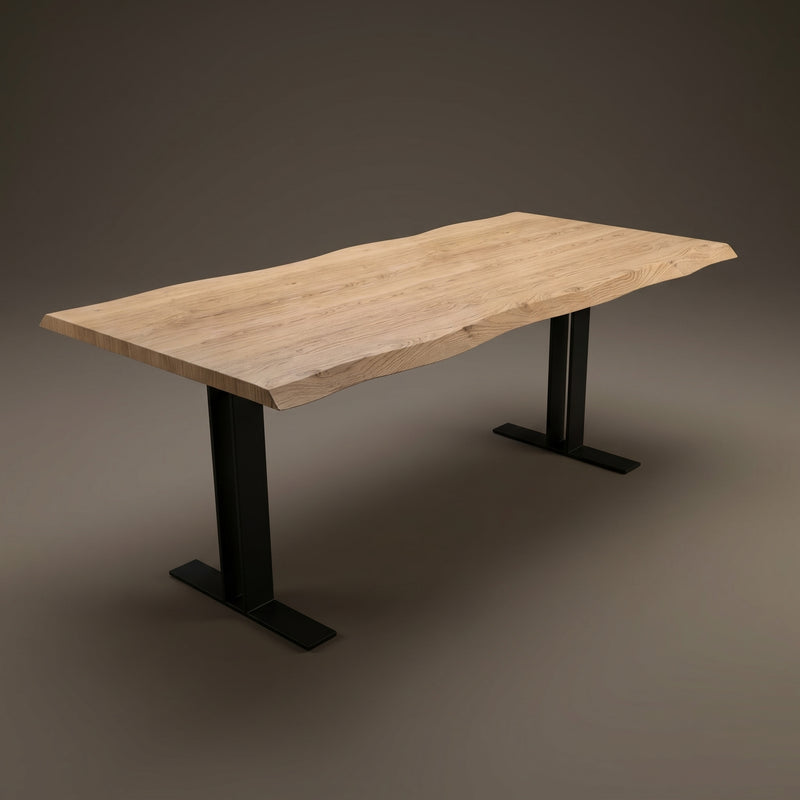 Eiken boomstamrand eettafel - T onderstel metaal | Industrial Home