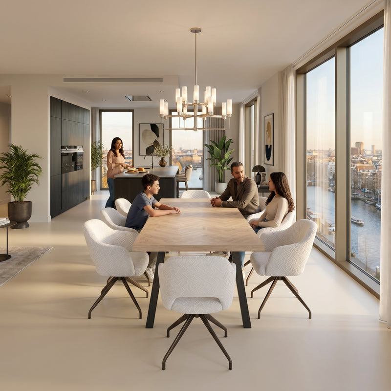 Eiken massief visgraat eettafel - Recht - A onderstel | Industrial Home