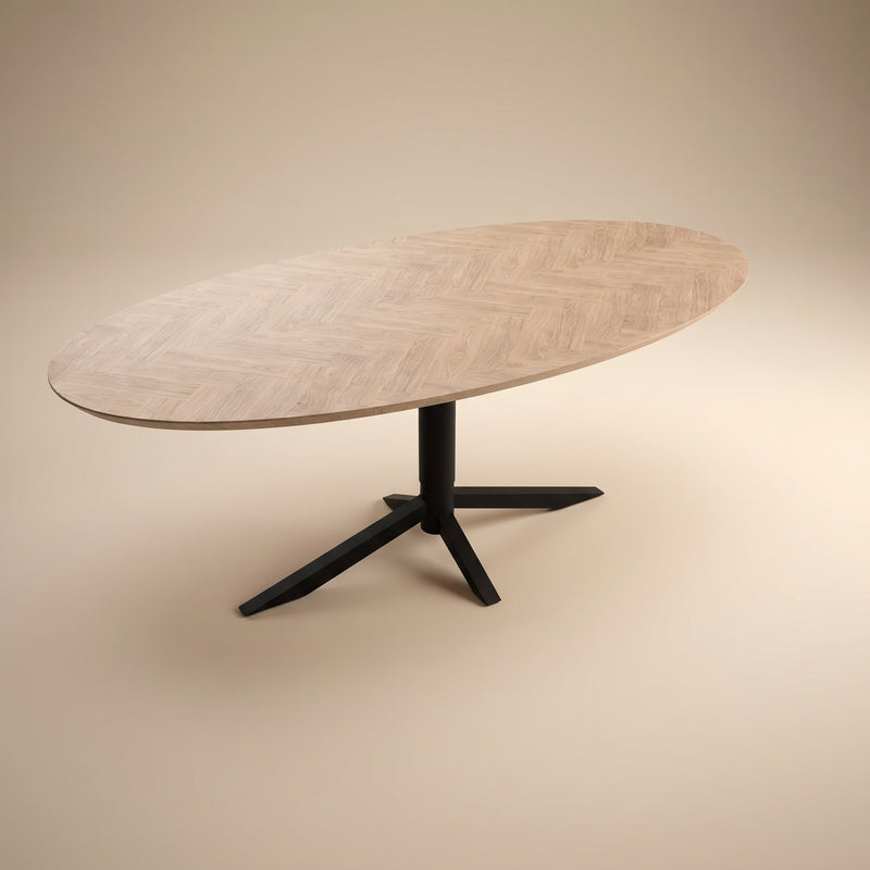 Eiken visgraat eetafel - Ovaal - Quattro onderstel | Industrial Home