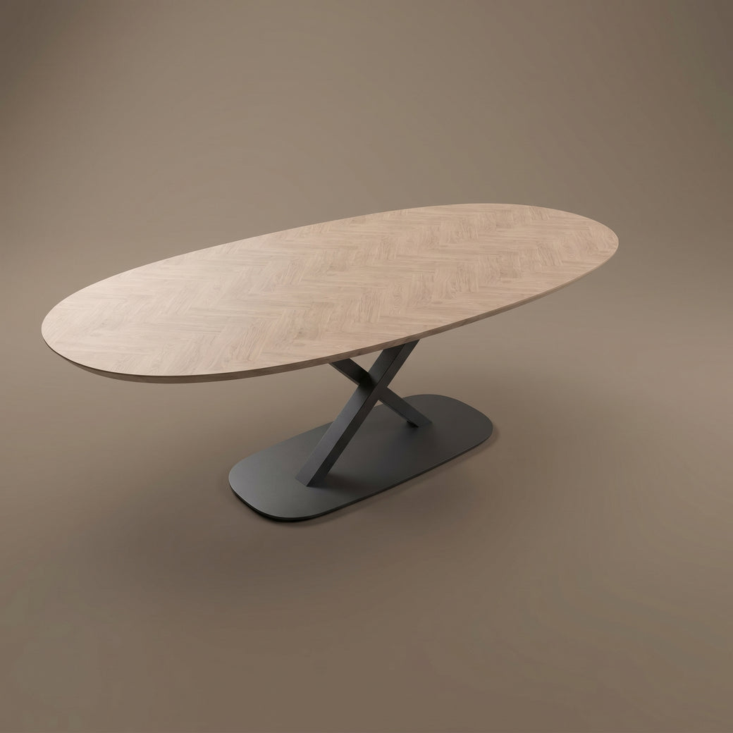 Eiken visgraat eettafel - Deens Rond - V onderstel
