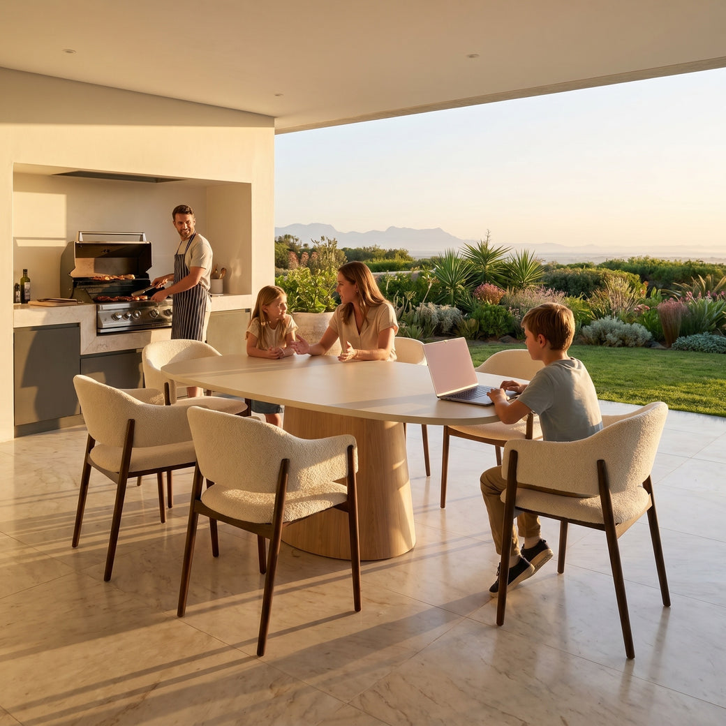 HPL eettafel Mushroom Beige - Deens Ovaal Recht - Cone Oval eiken - Japandi