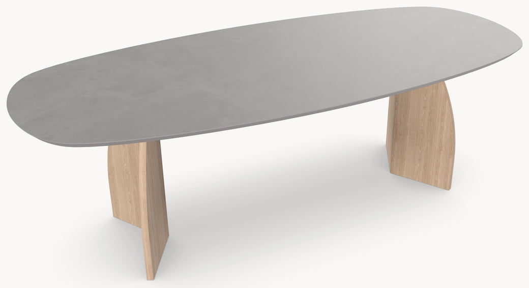 HPL eettafel Concrete Gray - Deens Ovaal Recht - V eiken - Japandi