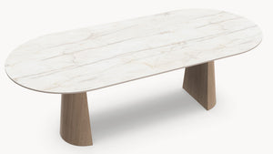 Keramische eettafel Silver Root White- Plat Ovaal - 2 Half cones eiken - Japandi - Industrial Home