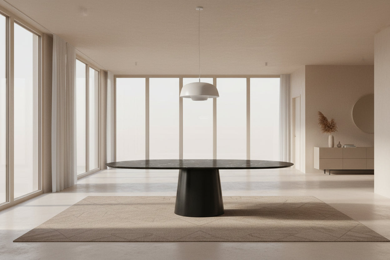 HPL eettafel Black Marble- Organisch B - Cone oval eiken - Japandi