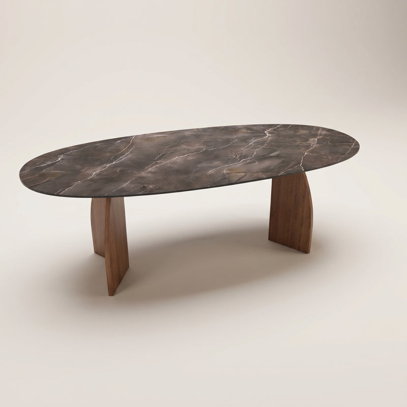 Keramische eettafel Andromeda - Deens Rond - V eiken onderstel