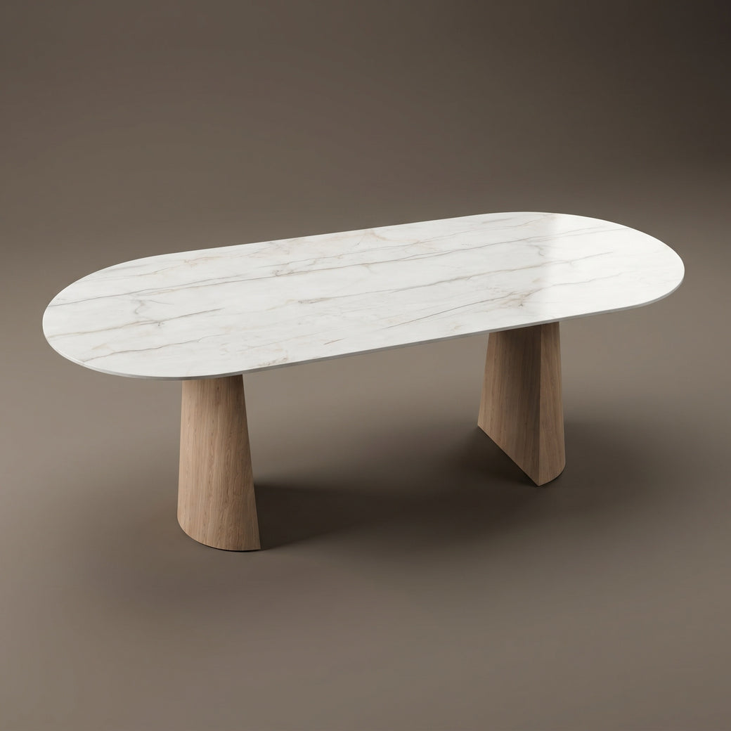 Keramische eettafel Silver Root White- Plat Ovaal - 2 Half cones eiken - Japandi