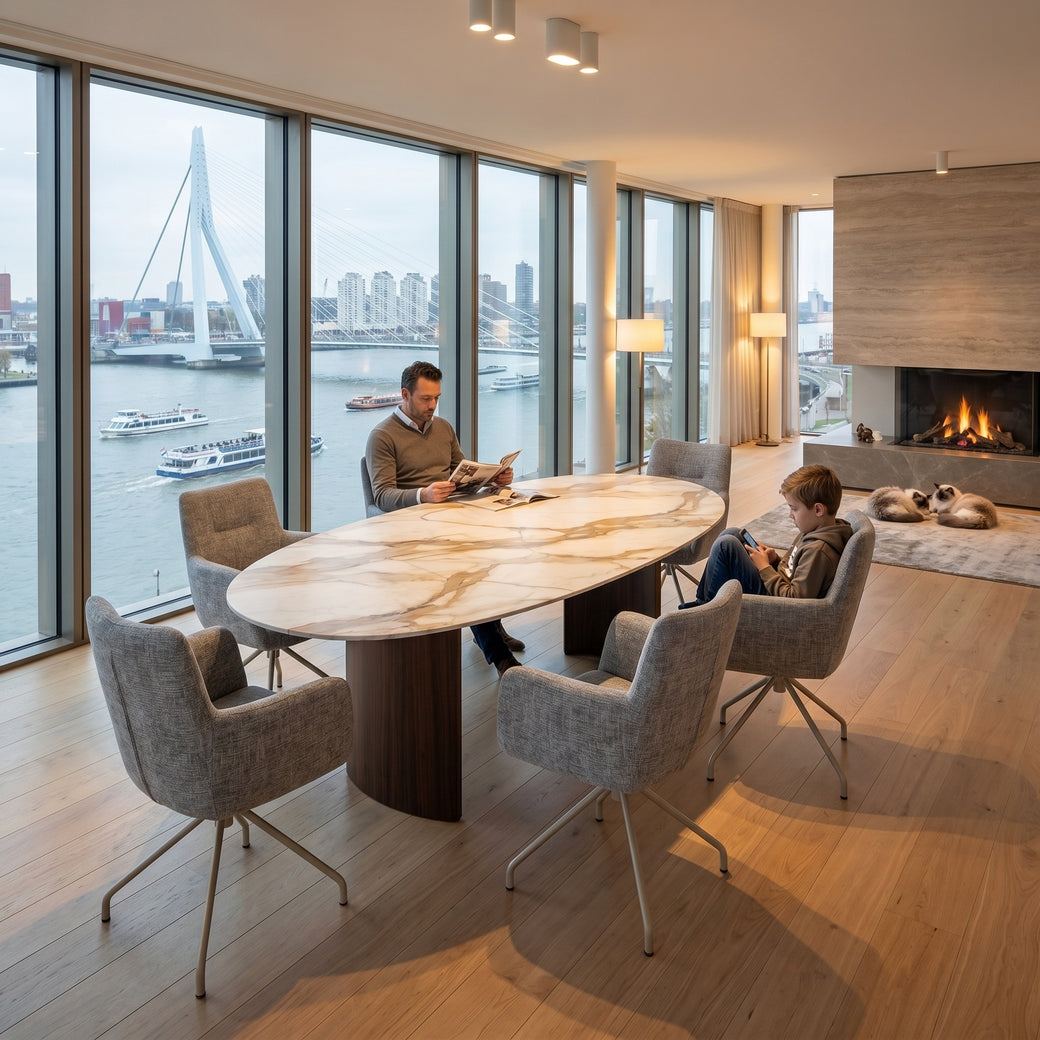 Keramische tafel Calacatta Hermitage - Deens Rond - Half Moon Eiken