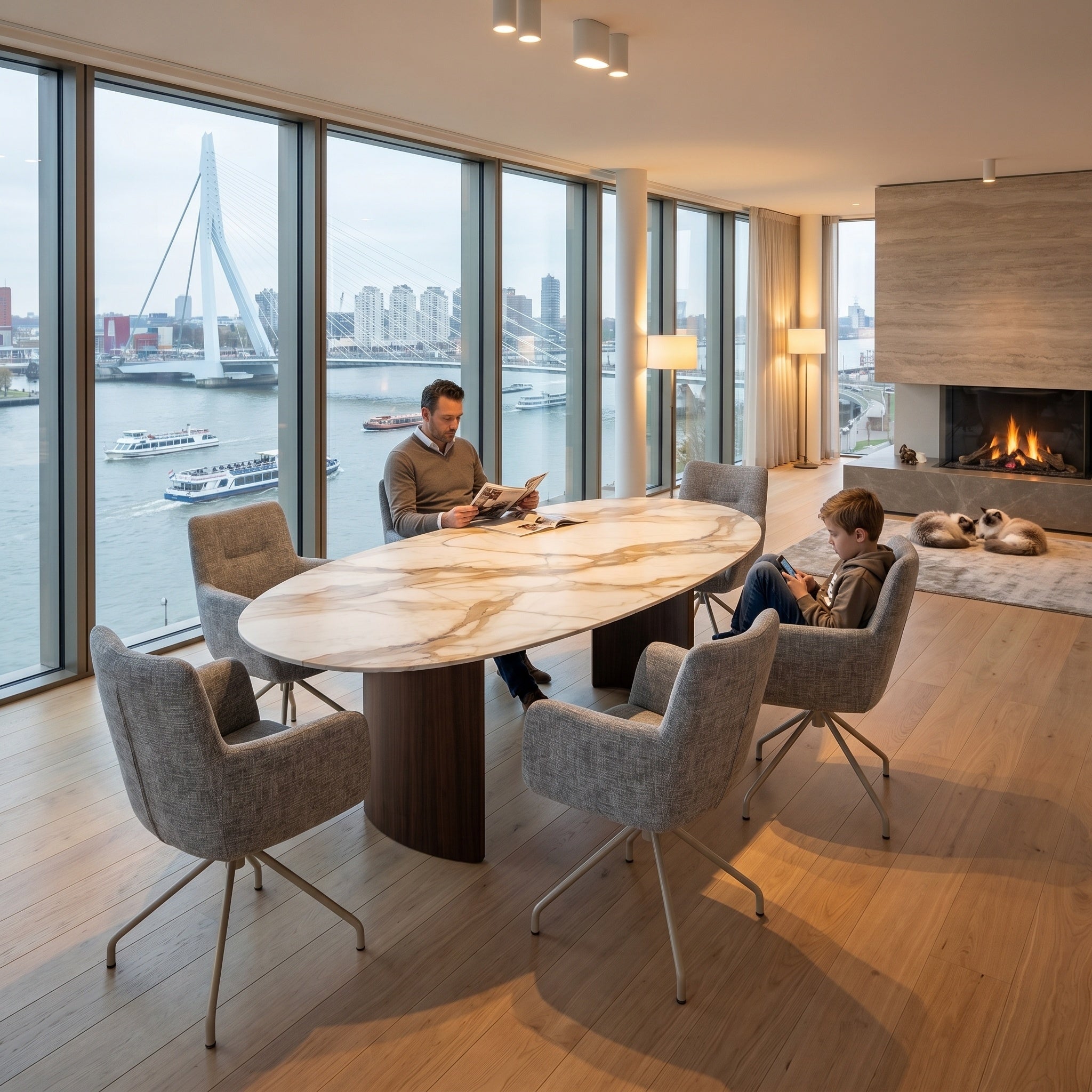 Keramiktisch Calacatta Hermitage – Dänisch Rund – Half Moon Eiche