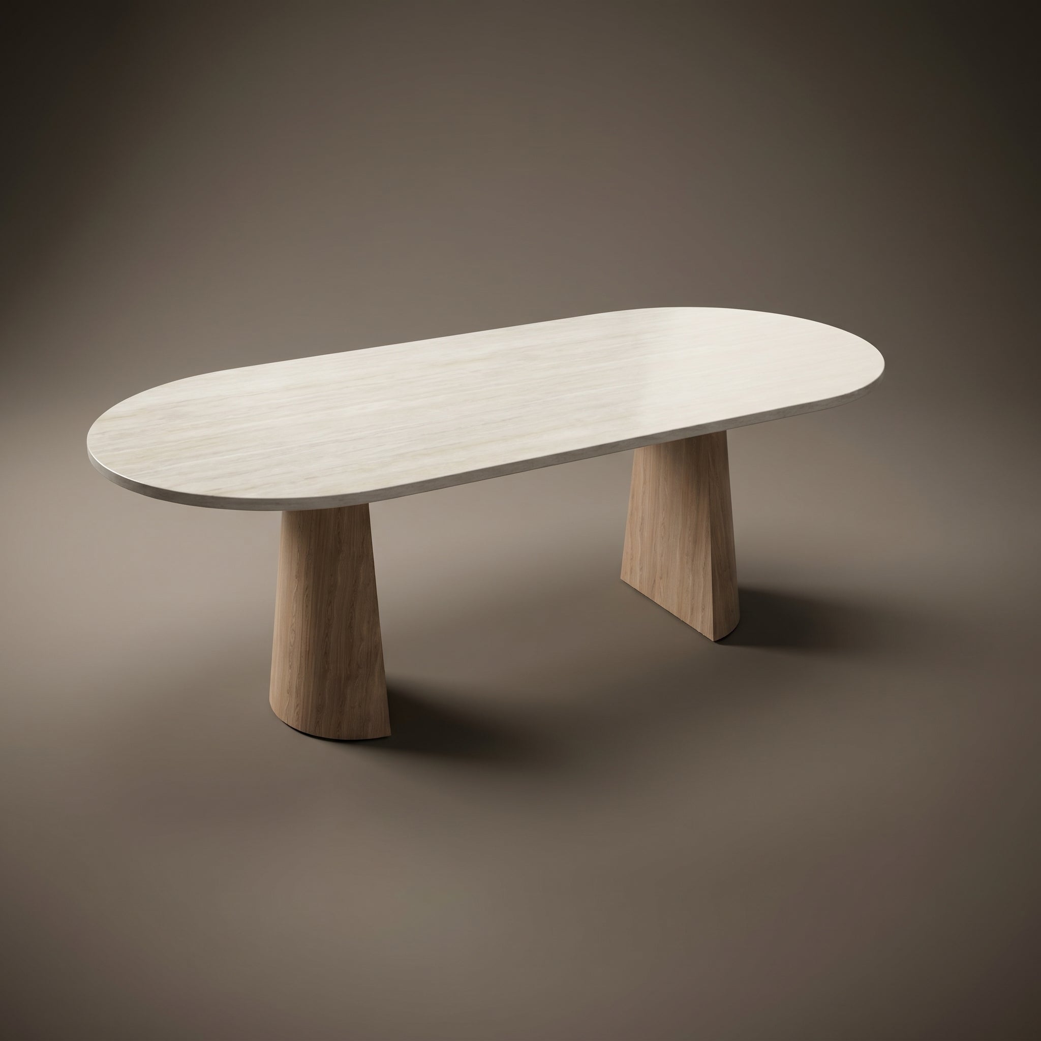 Melamine eettafel Soft Moon Grey - Plat-Ovaal - Half cone eiken onderstel - Japandi
