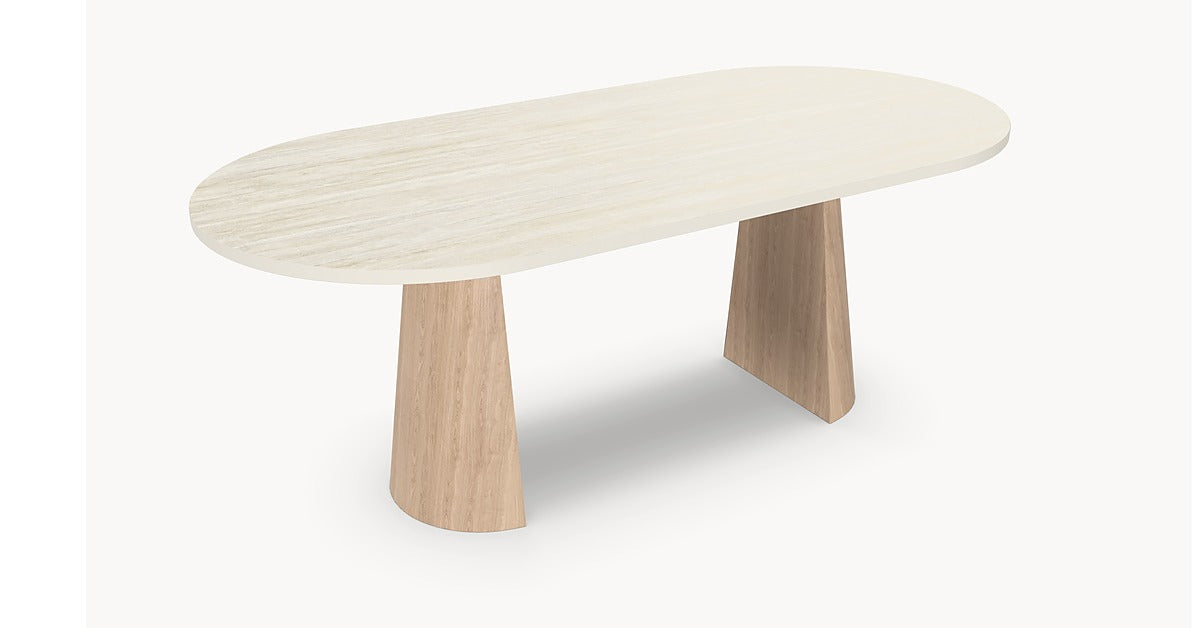 Melamine eettafel Soft Moon Grey - Plat-Ovaal - Half cone eiken onderstel - Japandi