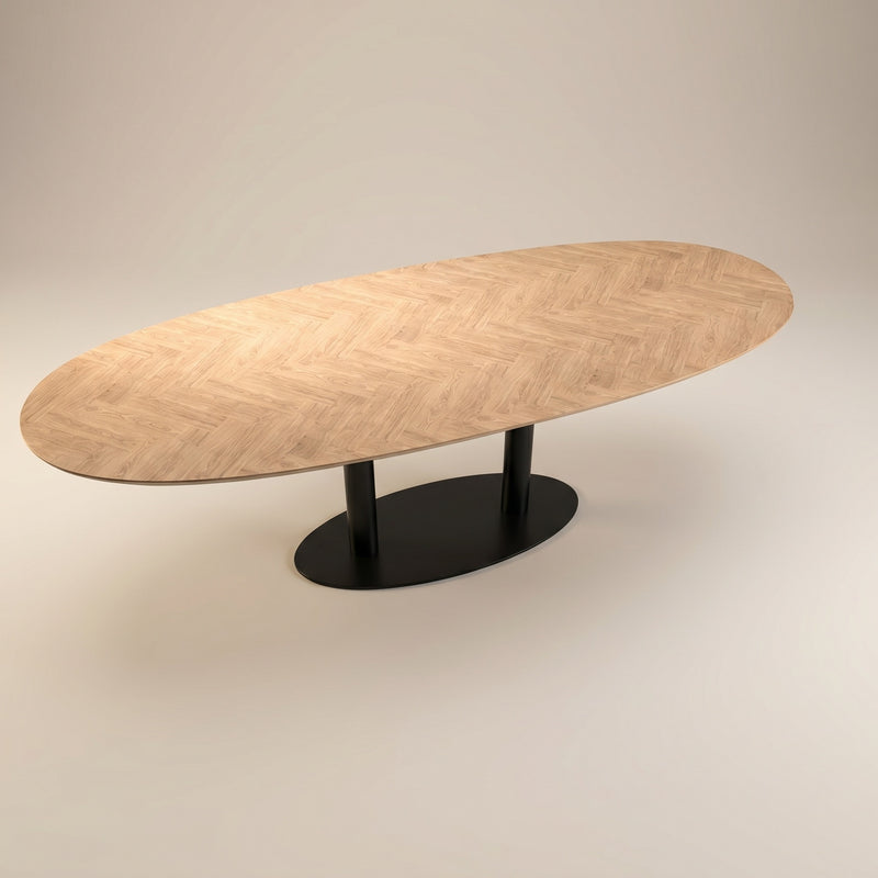 Visgraat eiken eettafel - Deens Rond - Sol Double metaal | Industrial Home