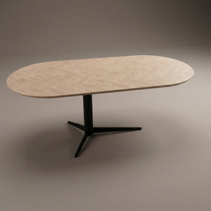 Visgraat eiken eettafel - Plat Ovaal - Trios Metaal | Industrial Home