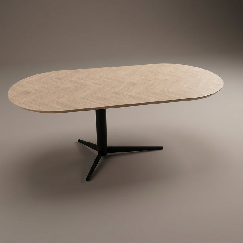 Visgraat eiken eettafel - Plat Ovaal - Trios Metaal | Industrial Home