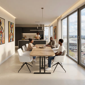 Visgraat eiken eettafel - Recht Radius - K onderstel metaal | Industrial Home