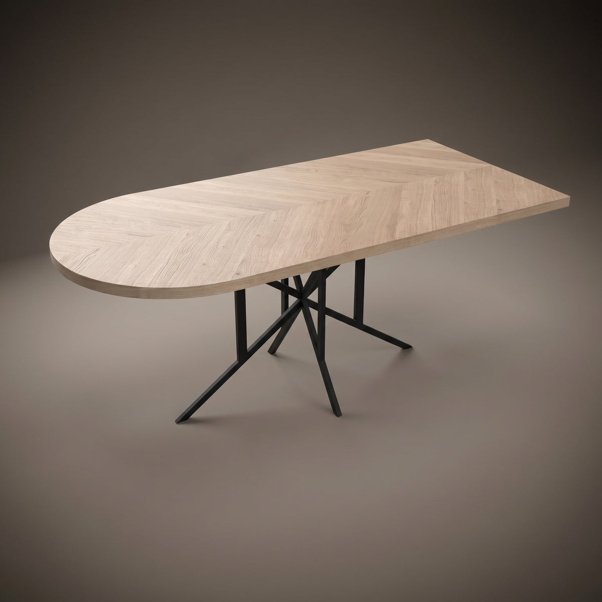 Visgraat eiken eettafel - Recht Rond - Matrix light Metaal | Industrial Home