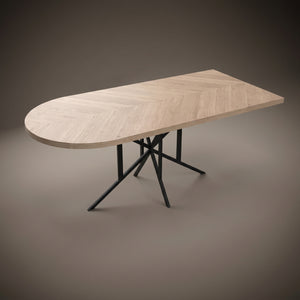 Visgraat eiken eettafel - Recht Rond - Matrix light Metaal | Industrial Home