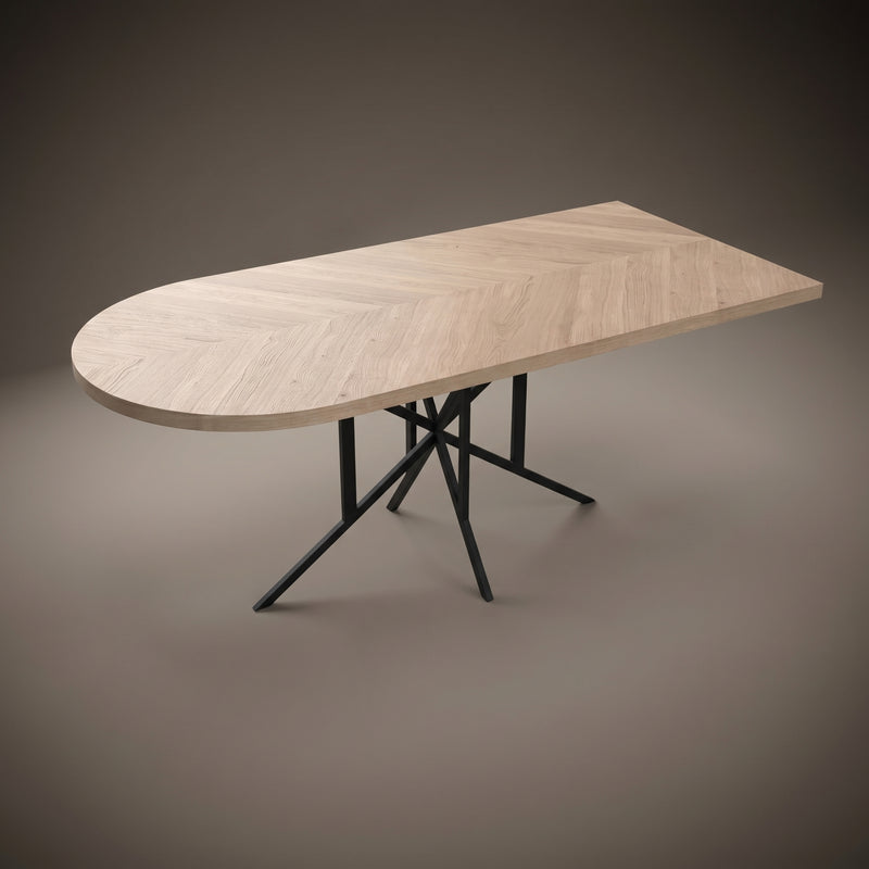Visgraat eiken eettafel - Recht Rond - Matrix light Metaal | Industrial Home