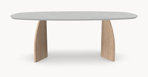 Melamine eettafel Light Concrete - Deens Recht - V eiken onderstel - Japandi — afbeelding 3 | Industrial Home