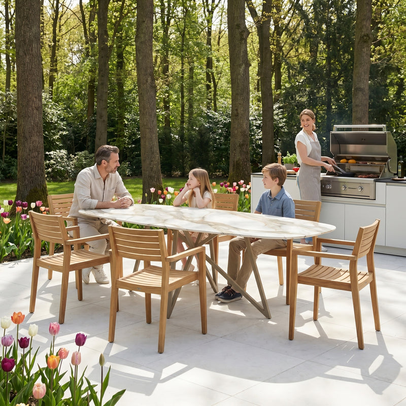 Keramiek Calacatta Hermitage eettafel - Deens Ovaal Recht - Vlinder Metaal | Industrial Home
