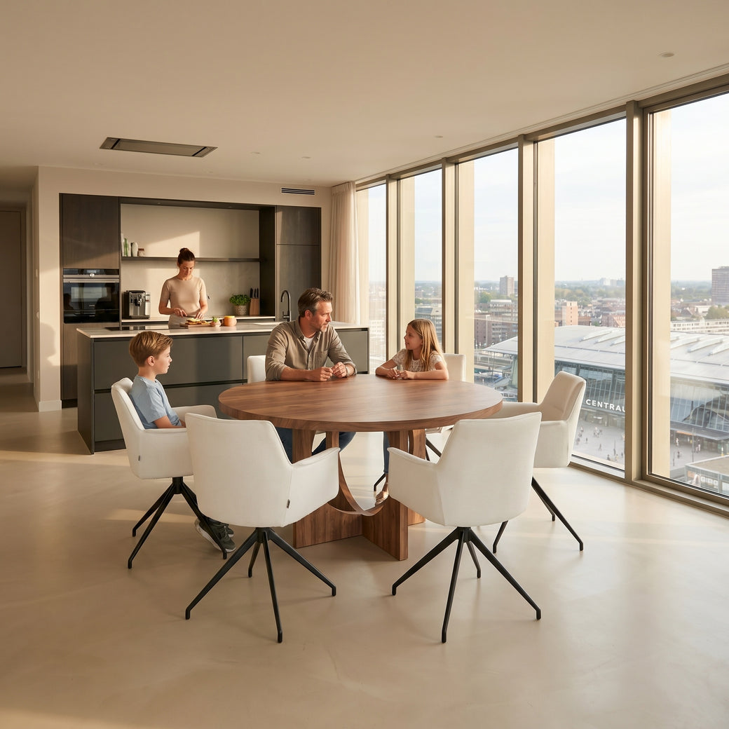 Walnoot houten eettafel - Rond - Flux walnoot onderstel