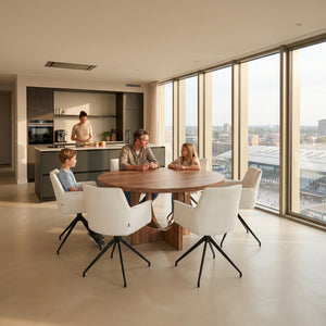 Walnoot houten eettafel - Rond - Flux walnoot onderstel | Industrial Home