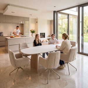 Melamine eettafel Light Concrete - Deens Recht - V eiken onderstel - Japandi
