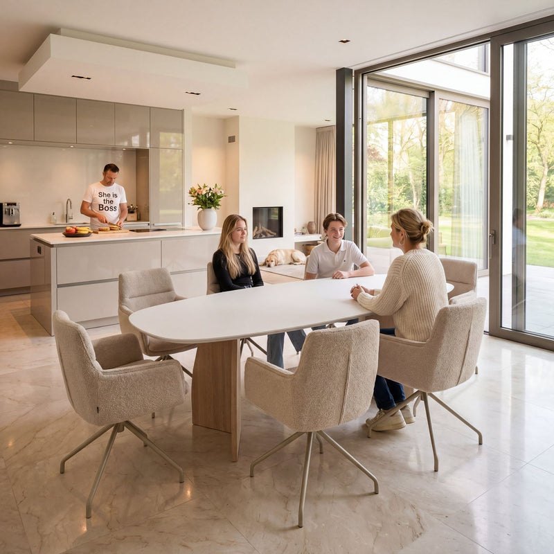Melamine eettafel Light Concrete - Deens Recht - V eiken onderstel - Japandi